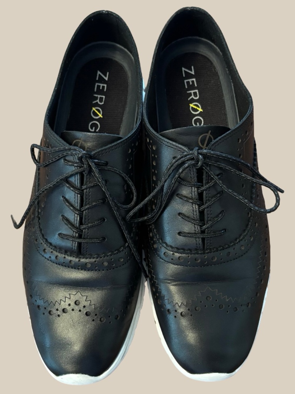 Cole Haan ZERØGRAND Wingtip Oxfords Black Leather Shoes White Sole Women SZ 9B